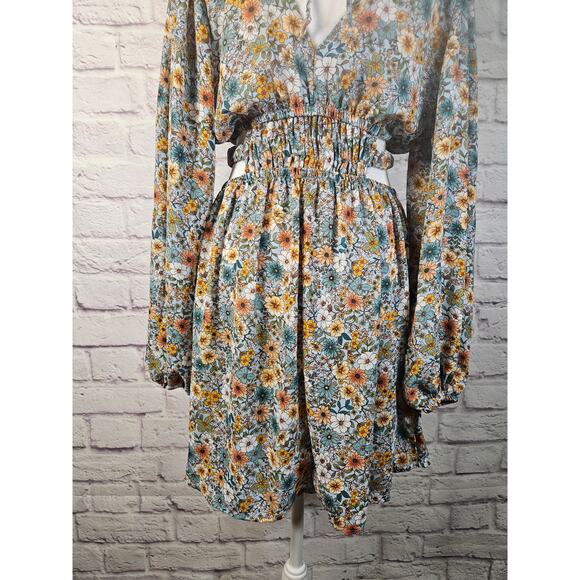 No Comment Womens L Floral‎ Dress & Side Waist Slits Puffy Sleeves Boho - Picture 11 of 16